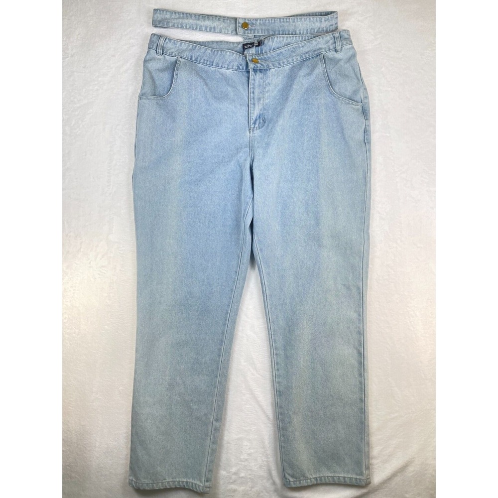 Boohoo Jeans Womens Size 16 Thong Back Mom High Rise Light Blue Wash Denim - Picture 3 of 11